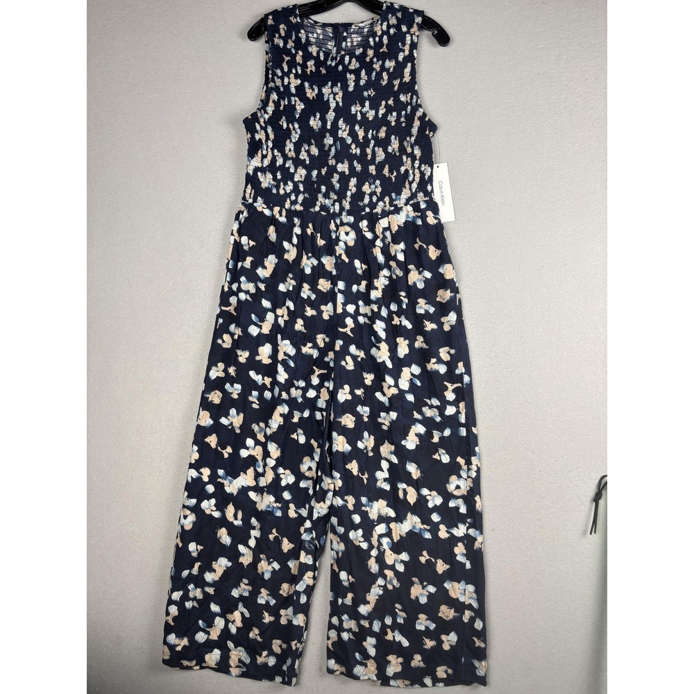 Calvin Klein Jumpsuit Womens 12 Blue Floral Sleeveless Smocked Wide Leg NWT